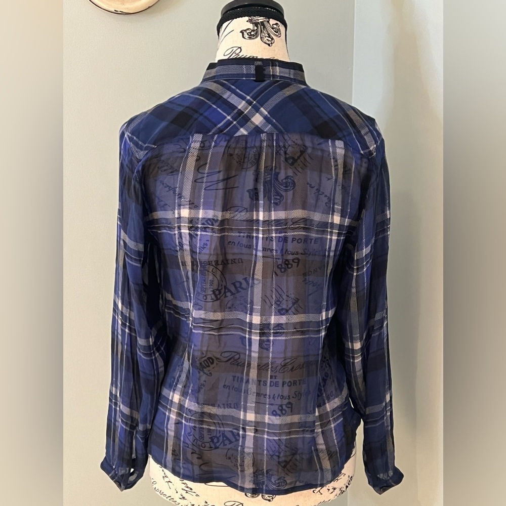Rag & Bone Byron Button-Front Silk Sheer Chiffon Plaid Blue Black XXS Like New - Picture 4 of 11